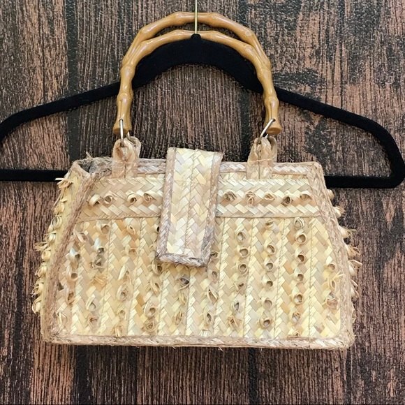 Handmade Woven Straw Bag Floral Lining Bamboo Look Handles Satchel - Picture 3 of 12